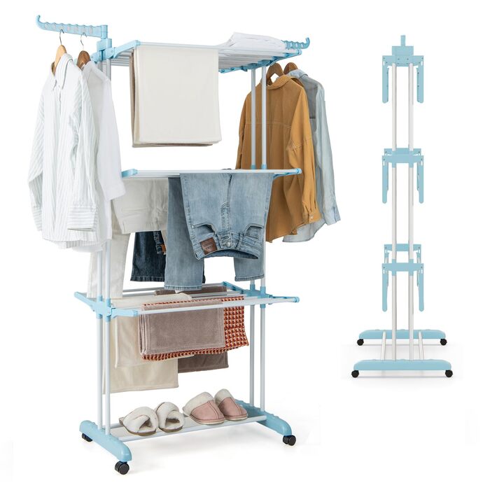 Сушарка для білизни COSTWAY 4-рівнева з колесами, розкладна, з 2 обертовими крилами, висувна, для дому та вулиці (Блакитна)
