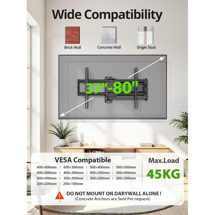 Кріплення для телевізора USX MOUNT на стіну з подовженою балкою, для LCD/LED/OLED телевізорів 37-80 дюймів, витягування 814 мм, регульоване нахилом та поворотне на 180°, VESA до 600x400 мм, вантажопідйомність до 45 кг, ідеально для кутового монтажу