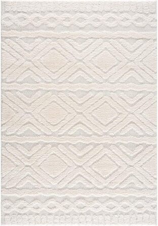 Килим для вітальні та спальні 120x170 см, кремовий, з високим ворсом, візерунок ромбі, 3D-ефект, стиль бохо/сканді