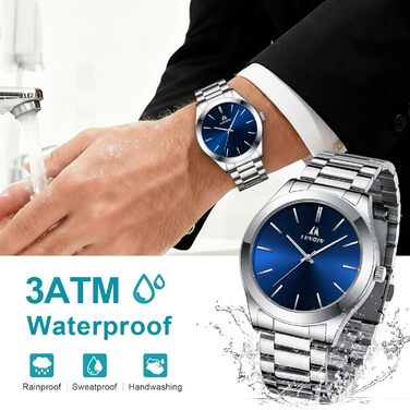 Годинник чоловічий LENQIN, водонепроникний, з нержавіючої сталі, кварцовий, аналоговий, з сапфіровим склом (Argent Bleu)