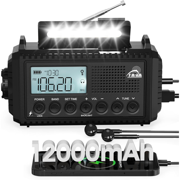 Радіоприймач Kurbelradio на 12000mAh з сонячною панеллю та ручкою, AM/FM/SW, з ліхтариком, USB-зарядкою, SOS-сигналом, для кемпінгу та надзвичайних ситуацій, зелений