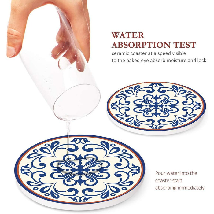 Drink Coasters 6-Piece Set, Geometric Tribal Boho Blue Red Absorbent Round Ceramic Stone Mat with Cork Bottom and Metal Holder, Housewarming Gift Bar Decor (Spanish Ceramic)