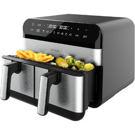 Cecotec Digital Hot Air Fryer with 9L - Cecofry Advance 9000 Inox Air Fryer. 2800W, 2 Containers, 4.5L, Dual Temperature, adjustable from 80-200 ºC, 7 Programs, Multifunctional Touch Panel Dark Stainless Steel 2 Baskets 4.5 Liters