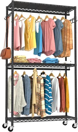 Clothes Rack, Clothes Rack, 4-Tier, Adjustable Closet Organizer System with Drawer | Double Rods | Side Hooks | Holds 445 lbs (Clothes Rack with 4 Drawers)