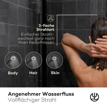 KLUDI-X3 Universal Shower Head with Hose, Shower Spray Optional - Water-Saving with 3 Spray Patterns (Body, Hair, Skin), Easy-to-Clean Shower Head Ø 11.7 cm, Shower Hose 1.60 m (3 Spray Patterns, Matte Black)