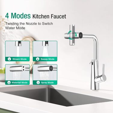 Кран кухонний водопровідний CREA Wasserfall висувний з дозатором мила, нержавіюча сталь, 360° обертання, 4 режими, хром