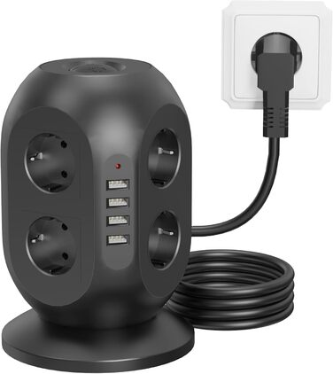 Багатофункціональна мережа живлення Colstar з 4 USB, 8 розеток, захистом від перенапруги, 2м кабелем, для дому та офісу, чорна