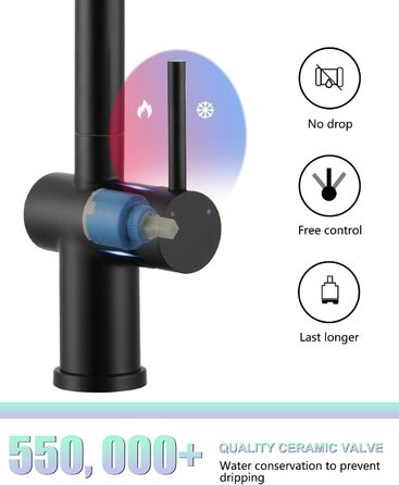 Змішувач кухонний з висувною лійкою, чорний, з двома режимами струменя, 360° обертання, з нержавіючої сталі