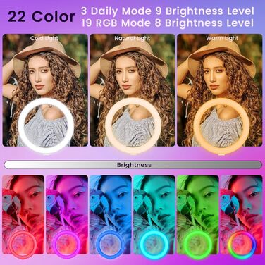 LED кільцева лампа 25 см з триподом 155 см та тримачем для телефону, RGB, регульована яскравість, для YouTube, відеозйомки, селфі, стрімінгу, макіяжу та фотографії
