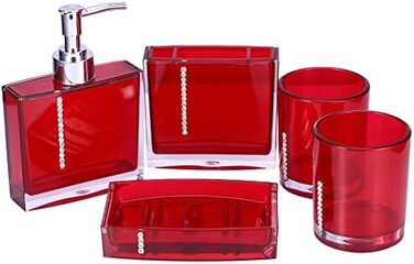 5-Piece Bathroom Accessories Set includes emulsion bottle, toothbrush holder, 2 rinsing cups, soap dish, plastic gift bath set, white (Red)
