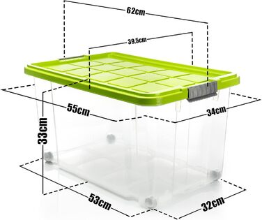 BigDean 2-Pack 60L Storage Boxes with Lid, Large Transparent - Stackable, Robust Box, BPA-Free - Rollable Stack Box with Secure Click Closures - Made in Germany (Green)