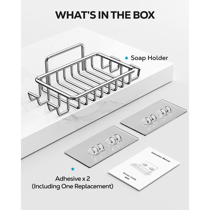 Тримач для мила з нержавіючої сталі з 4 гачками та зливом, самоклеючий, для душу та ванної кімнати (срібний)