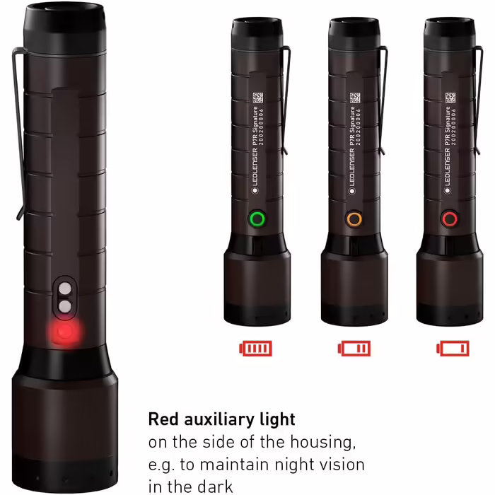 Ledlenser P7R Signature Flashlight LED, with red light, rechargeable Lithium 21700 battery, waterproof IP68, 2000 lumens, focusable, Constant Light, beam distance 330m, belt pouch & charging station P7R Signature Single