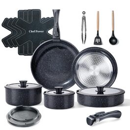Набір посуду Chef Power Keramik Rock Stone Black 19 предметів з антипригарним покриттям, для індукції, посудомийної машини та духовки, знімні ручки
