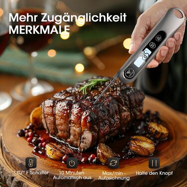 Цифровий кухонний термометр DOQAUS для м'яса, приготування їжі, випікання та гриля, швидка реакція 3s, LCD дисплей, автоматичне вмикання/вимикання (сріблястий/чорний)