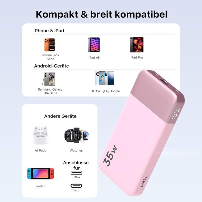 Power Bank Nobis 35W 10000mAh з цифровою індикацією, рожевий – зарядка для iPhone, Galaxy, планшетів