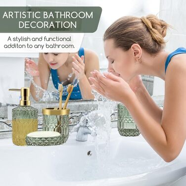 Набір аксесуарів для ванної кімнати 5 предметів, чорний дозатор для мила та лосьйону, мильничка, підставка для зубних щіток, стаканчик, склянка для ватних паличок, прозорий скляний бокс (Зелений)