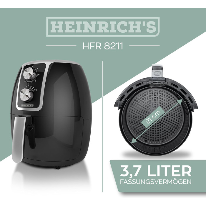 Фритюрниця повітряна HEINRICHS 9 літрів XXL, 10-в-1, LED-дисплей, 1800W, без жиру, таймер, компактна, кошик для миття в посудомийній машині