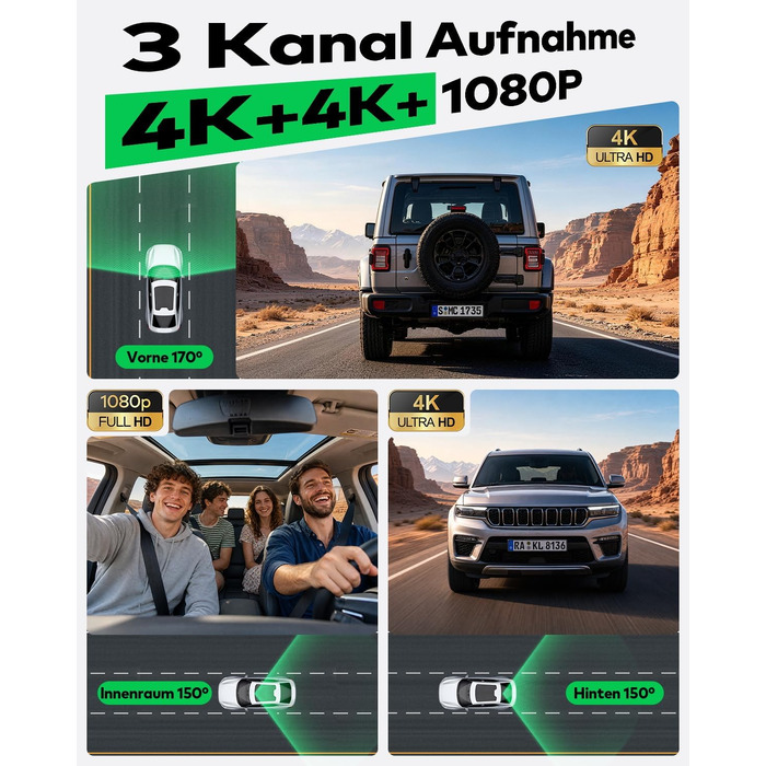 Автомобільний відеореєстратор 3-канальний 4K Ultra HD (передній, задній та салонний), модель D018, чорний
