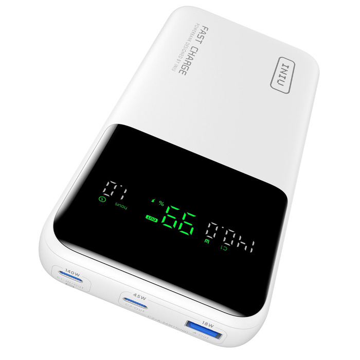 Power Bank INIU 25000mAh 140W: Швидка зарядка для телефону, ноутбука, MacBook, iPad, iPhone, Samsung, Steam Deck. Білий, компактний.