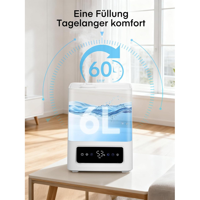 Зволожувач повітря FOHERE 6L для великих приміщень, 60 годин холодного туману, тихий зволожувач для дитячої кімнати, спальні, рослин, 28dB, точний датчик вологості, 16 годин таймер, аромадифузор, білий