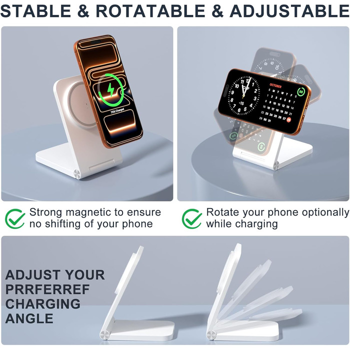 Бездротова зарядка MagSafe, складана, швидка, сумісна з iPhone 17, 16, 15, 14, 13, 12, AirPods 3/2/Pro 2/Pro (G240 White)