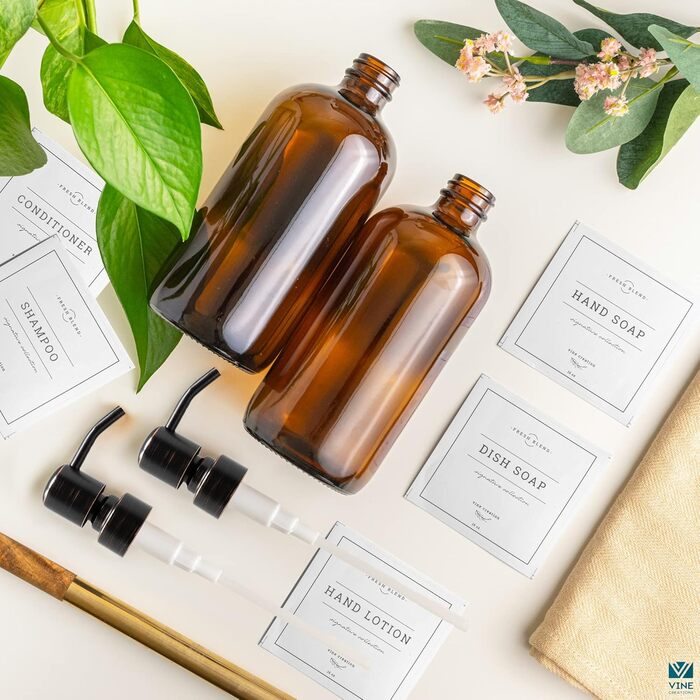 Bernstein Glass Soap Dispensers, 2 Pack, Thick 473 ml Bottles, Stainless Steel Pump, Modern Farmhouse Vintage Glass, Kitchen, with Waterproof Labels (Round Oiled Bronze)