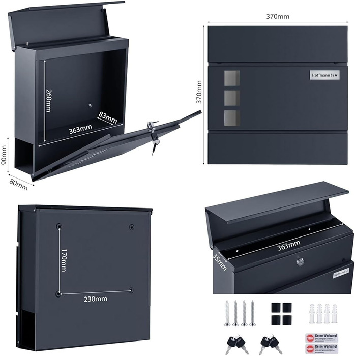 Поштовий ящик Zedelmaier з нержавіючої сталі, індивідуальне гравіювання, з газетницею, замком та 2 ключами, антрацит 33x31x10 см