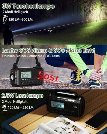 Радіоприймач Kurbelradio на 12000mAh з сонячною панеллю та ручкою, AM/FM/SW, з ліхтариком, USB-зарядкою, SOS-сигналом, для кемпінгу та надзвичайних ситуацій, зелений