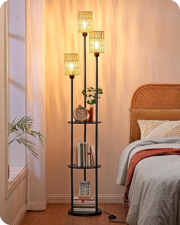 Стійка лампа EDISHINE для вітальні з трьома плафонами, вінтажний стиль, полиця, абажур з ротангу, 3 x E27, з лампочками, бохо-стиль, з вимикачем на ніжці, 178 см, чорний