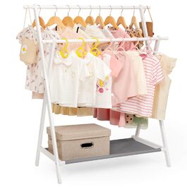 Дитяча вішалка для одягу Yorbay з бамбука, подвійна регульована штанга, полиці для зберігання, біла