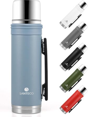 SANTECO 1L Stainless Steel Thermos Flask with Cup - Insulated Leak-Proof Travel Thermos for Hot & Cold Drinks - BPA Free (Gray, 1000ml)