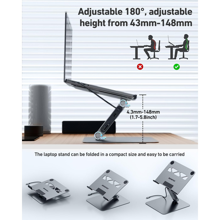 Підставка для ноутбука BENFEI 7-в-1 з USB-C док-станцією – HDMI (4K@60Hz), SD/Micro SD, 100W Power Delivery, 10Gbps (USB-C & USB 3.2) – для MacBook Pro/Air, iPad Pro, XPS, ThinkPad