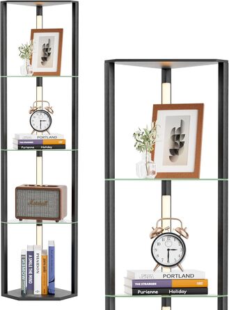 Стійка лампа EDISHINE з 4 полицями з дерева, LED диммер, 3 колірні температури, поворотний світловий маніпулятор, підсвічування полиць, футовий вимикач (чорний+скло)