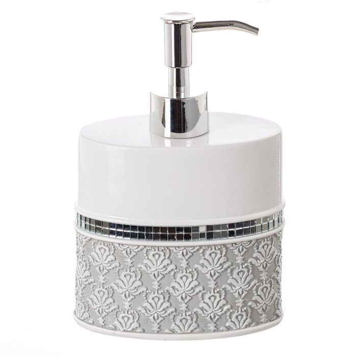 Набір аксесуарів для ванної кімнати Creative Scents Mirror Damask, 6 предметів (сіро-білий): дозатор мила, мильниця, стакан, тримач для зубних щіток, коробка для серветок, кошик для сміття