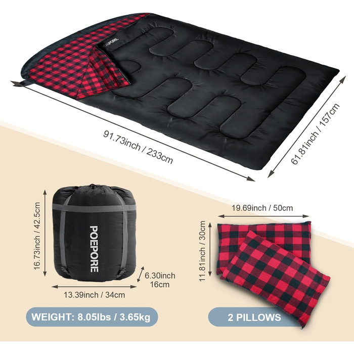 Спальний мішок для двох дорослих з флісу, зимовий, з подушками та сумкою для транспортування, 233*157 см, червоний