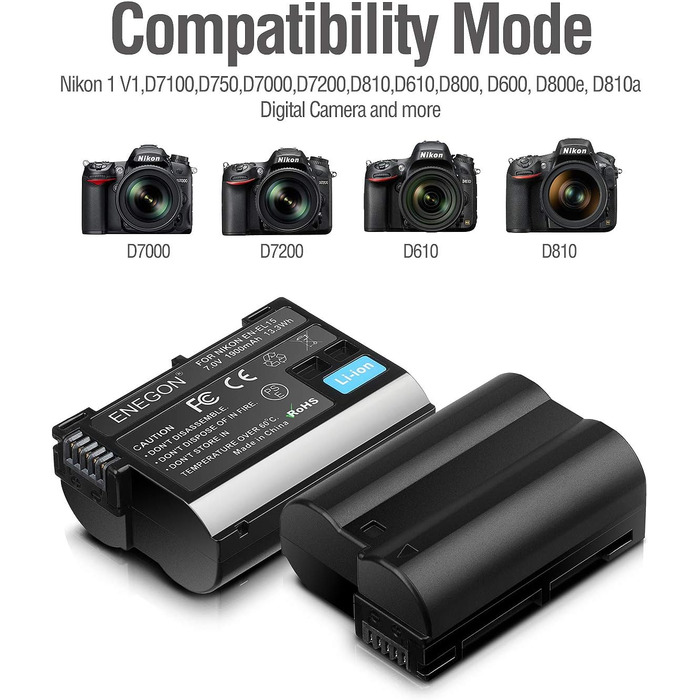 Акумулятори EN-EL15 (2 шт) та зарядний пристрій Dual LED USB для Nikon Z6, Z7, Z8, D7500, D7000, D850 та ін.