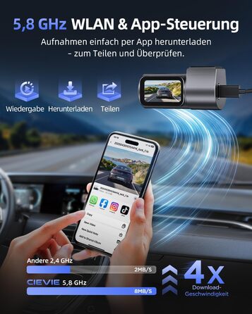 Dashcam CIEVIE C200: 4K, IPS 1.5', WiFi 5G, 64GB, 360° обертання, WDR, Нічне бачення, Паркування 24/7, G-сенсор, Loop, 170°