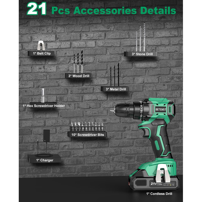 Акумуляторний шуруповерт безщітковий 21V BETENST з акумулятором 2.0Ah, 45Nm, 20 моментів, патрон 10mm, 2 швидкості, 20-ти елементний набір для дому, саду та DIY проектів (зелений)