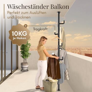 Extendable Coat Rack, 5 Hooks [Black, 110-310cm] – Telescopic Clothes Rack, Stable – Space-Saving Closet, Metal – Butler for Men, Bedroom – Entranceway Closet – Clothes Rail Balcony