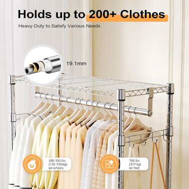 Міцний мобільний вішак для одягу з 3 рівнями, хромований. Штанга подвійна, гачки збоку, 40x75x189.3 см