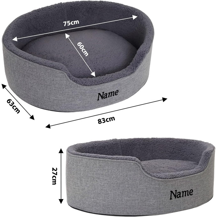 Lionto Dog Bed with Reversible Cushion and Washable Cover, Stable Dog Basket with Anti-Slip Studs, 92x72 cm, Cozy Pet Bed for Dogs and Cats with Plush, (Grey, L 83 x W 63 x H 27 cm (with name tag))