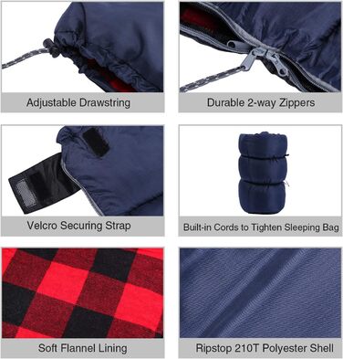 Спальний мішок Redcamp Baumwoll-Flanell для кемпінгу, 3-сезонний, теплий та комфортний, з наповнювачем 1.8/2/2.9 кг, червоний в клітинку