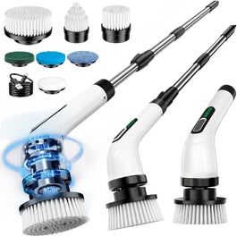 Електрична щітка для чищення, з акумулятором 3000mAh, 7 насадок, регульована ручка, IPX7 водонепроникність, 2 швидкості, для ванної кімнати, плитки, кремово-білий