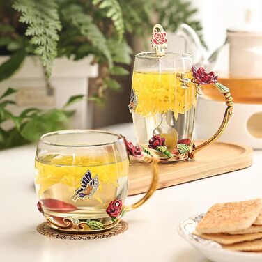 Enamel Butterfly Flower Tea Cup Sets with Spoon and Lid, Glass Coffee Mugs, Wedding Birthday, Valentine's Day, Christmas, Gift for Women Wife Friend (Pink)