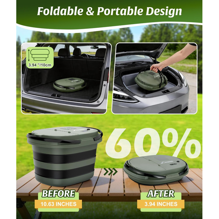 WADEO 2026 Портативний душ для кемпінгу з насосом та складною ємністю 5л, 5 режимів, 4 струмені - для кемпінгу, авто, тварин, пляжу, саду, зелений