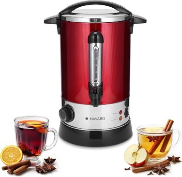 Navaris Mulled Wine Warmer Hot Water Dispenser - Stainless Steel - 6.8L - with Thermostat, Fill Level Indicator, and Tap - Mulled Wine Hot Beverage Machine Red