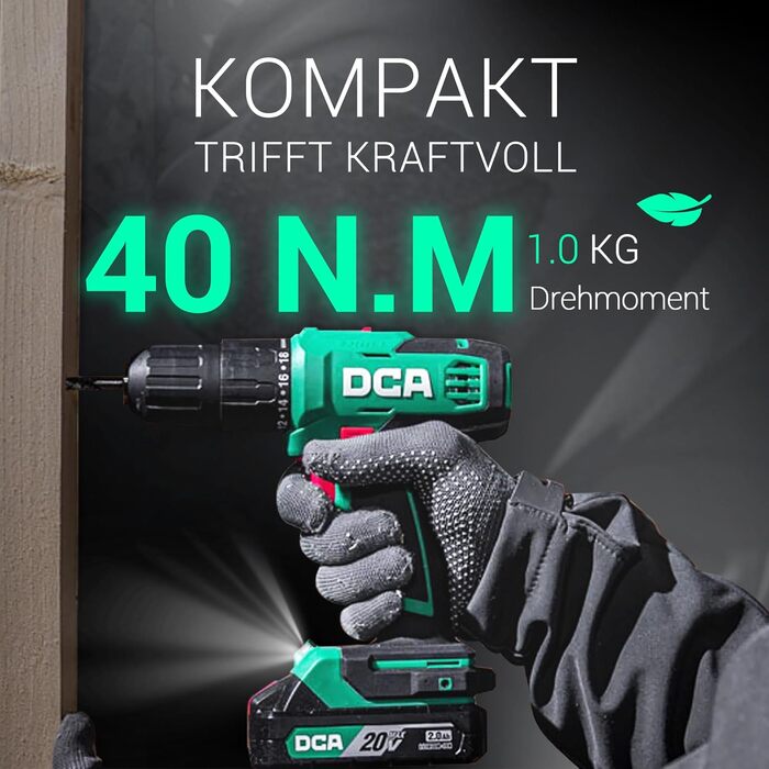 Акумуляторний ударний дриль-шуруповерт DCA 20V, 40 Нм, 13 мм, 22500 уд./хв, 18+1+1, комплект з 14 біт для бетону, металу, дерева