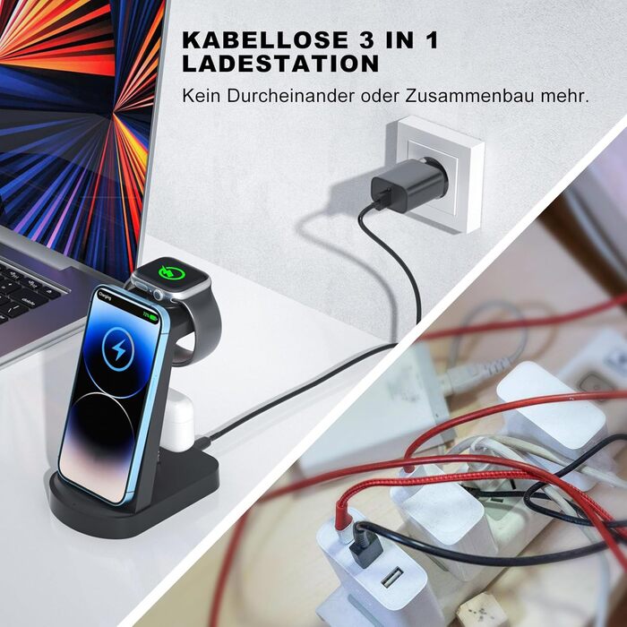 Бездротова зарядка 3 в 1 з адаптером 18W, сумісна з iPhone, Apple Watch, AirPods (чорний)