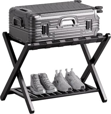 SMIBUY Luggage Rack, Foldable Bamboo Suitcase Stand with Storage Shelves for Guest Room, Bedroom, Hotel, Heavy Duty (Black)